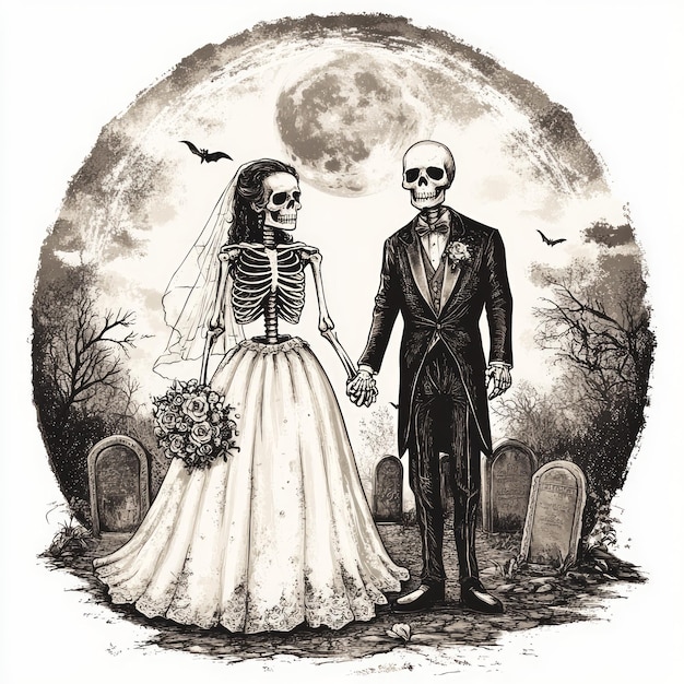 Photo a whimsical depiction of skeletons in wedding attire holding hands in a graveyard