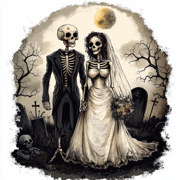 Photo a whimsical depiction of skeletons in wedding attire set in a graveyard backdrop