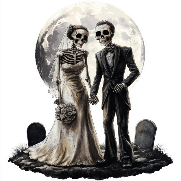 A whimsical depiction of skeletons in wedding attire symbolizing eternal love