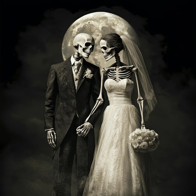 A whimsical depiction of skeletons in wedding attire symbolizing love and eternity