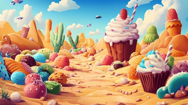 Photo a whimsical desert landscape filled with sweet treats including cupcakes candy and ice cream cones