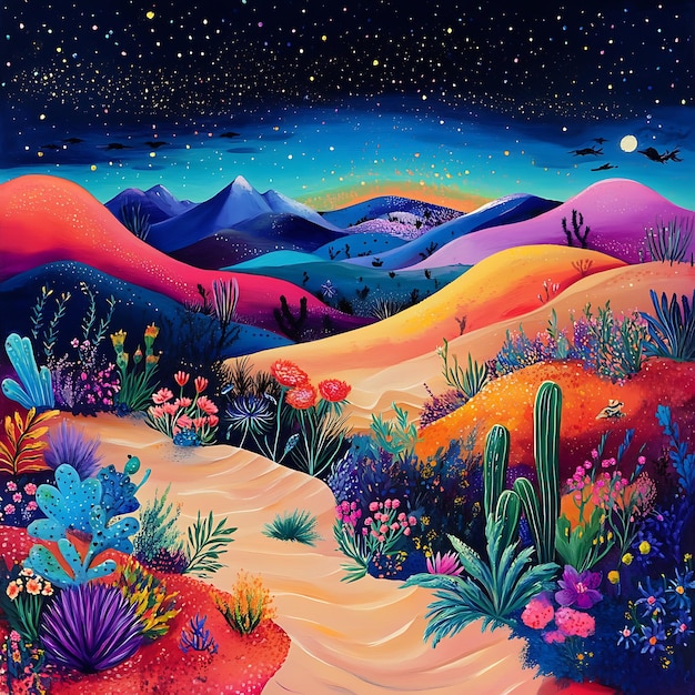 Photo whimsical desert night colorful dunes and mystical creatures