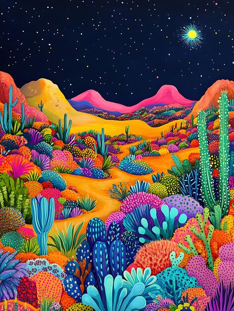 Photo whimsical desert night colorful dunes and mystical creatures