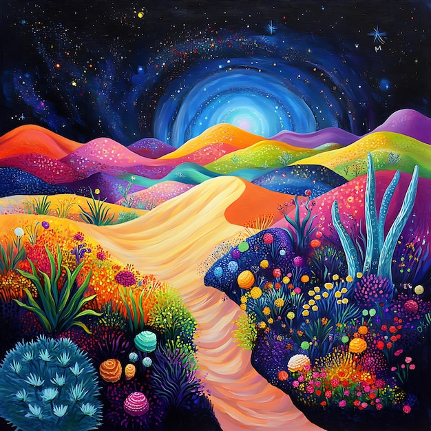 Photo whimsical desert night colorful dunes and mystical creatures