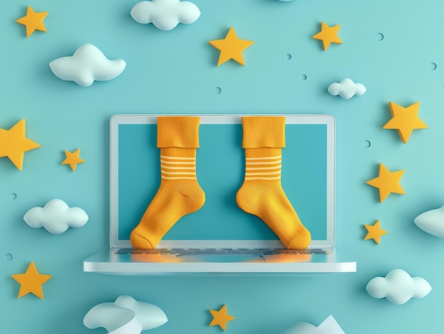 Whimsical Digital Escape Playful 3D Illustration of Orange Socked Legs Emerging from Laptop Amidst