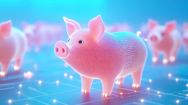 A whimsical digital illustration of cute pigs in a futuristic setting