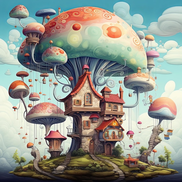 Whimsical Digital Illustration of a Treehouse Nestled in a Giant Mushroom in the Sky