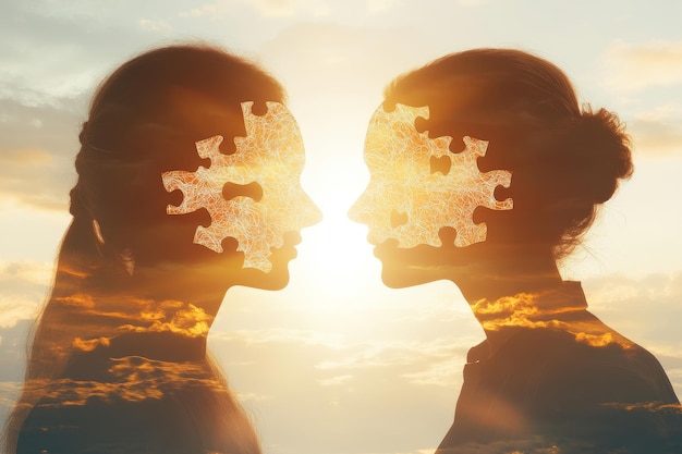 Whimsical digital illustration of two human profiles with puzzle piece heads symbolizing cognitive