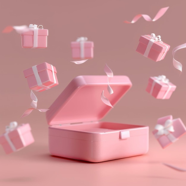 A whimsical display of pink gift boxes floating gently against a soft pink background