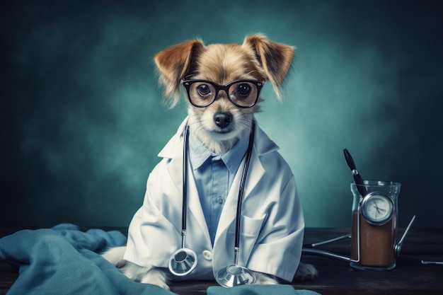 Whimsical doctor dog with stethoscope and glasses