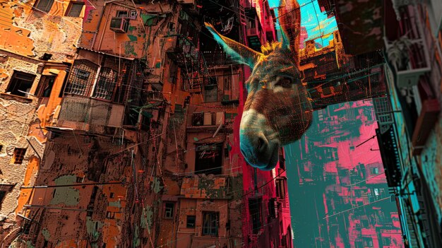 Photo a whimsical donkey peeks out from amidst tall decaying structures painted in vivid hues creating a