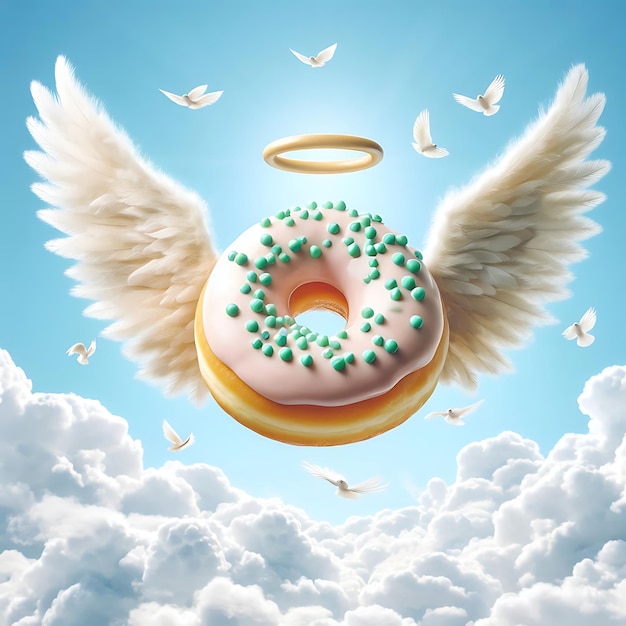 Photo whimsical donut with feathered wings soars amid bright clouds in a dreamy sky