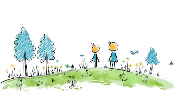 Photo whimsical doodle showing two children standing on a grassy hill surrounded by trees and flowers with butterflies flying around