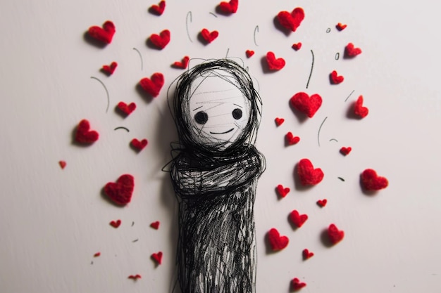 Photo whimsical drawing of happy figure hugging amidst floating red hearts