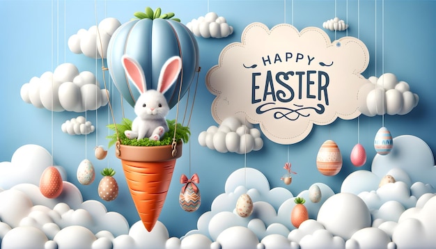 A whimsical Easter card design with a bunny in a carrot balloon and hanging patterned eggs