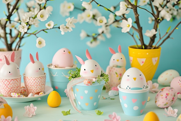 Whimsical Easter festivities with playful decorations and cheerful activities Joyful Easter celebration adorned with playful decorations and cheerful activities