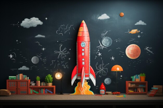 Photo whimsical education blackboard featuring childrens drawings and a toy rocket