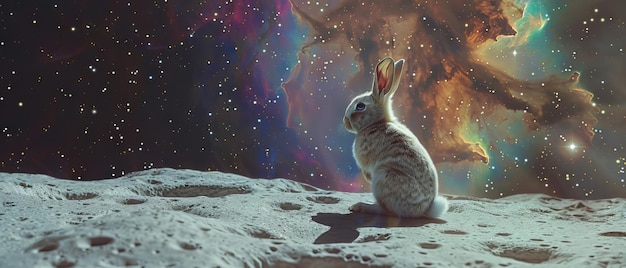 A whimsical elastic rabbit stretching amusingly on the moon with a backdrop of a surreal colorful nebula