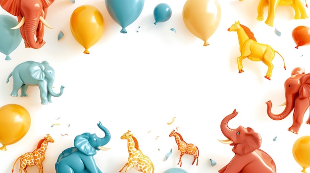 Photo whimsical elephant and lion balloons framing an empty white space perfect for party invitations