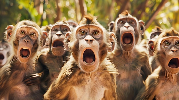 Photo whimsical and energetic group of monkeys caught in a moment of animated expressions and loud vocalizations within a lush tropical forest setting