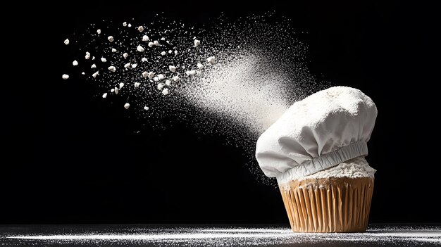 Photo a whimsical explosion of flour in a baker39s hat against a smooth black background shines with creat