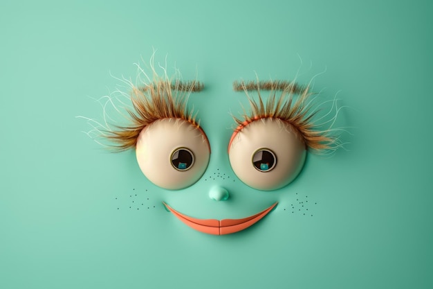 Photo whimsical face with long eyelashes on a mint green background creating a playful and happy