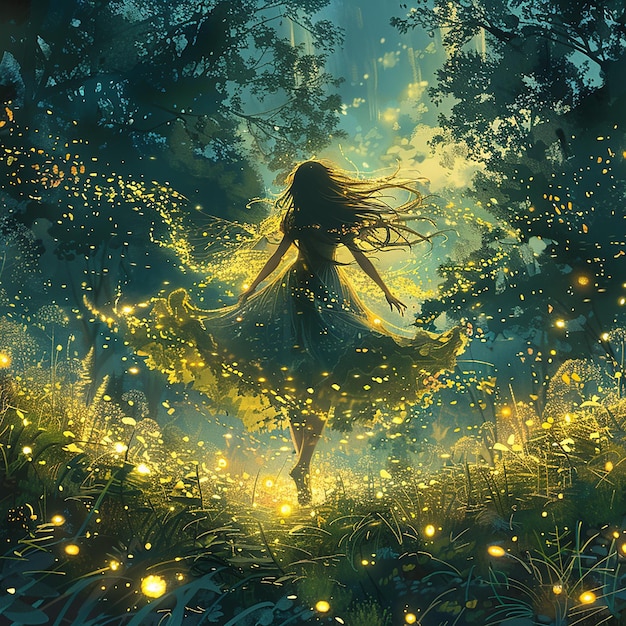 Whimsical Fairy Flying Through Moonlit Forest Illustration