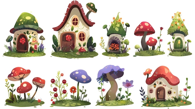 Whimsical Fairy Tale Cottages and Mushroom Dwellings in an Enchanting Fantasy Landscape