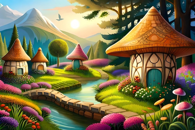 A whimsical fairy village nestled in a sunlit meadow with colorful mushroom houses