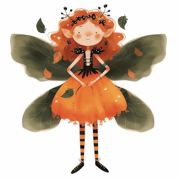 Photo a whimsical fairy with orange dress and leaf wings standing in a playful autumn garden setting