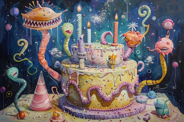 Photo whimsical fantasy birthday cake with creative and colorful decorations