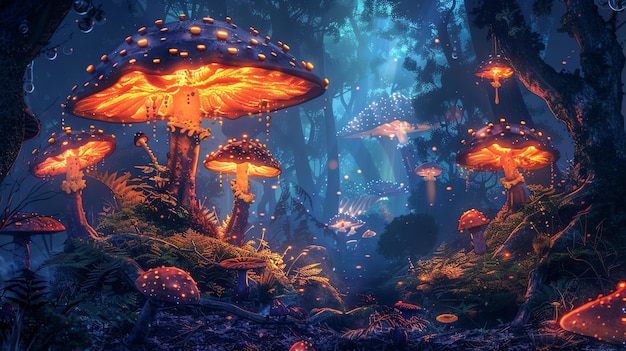 A whimsical fantasy forest scene with glowing mushrooms fireflies and a waterfall