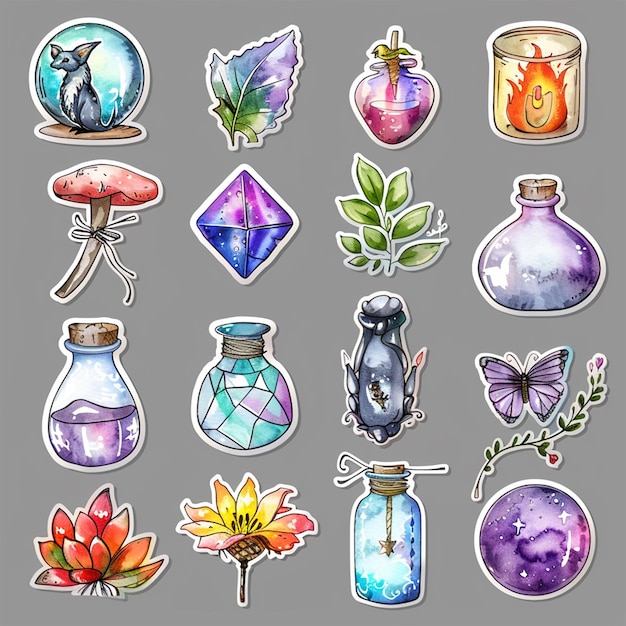 Whimsical fantasy stickers featuring potion bottles crystals leaves and magical elements