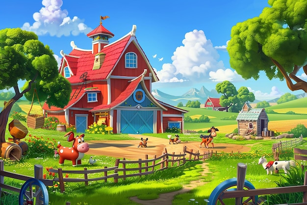 Whimsical farmyard with animated animals and vibrant scenery