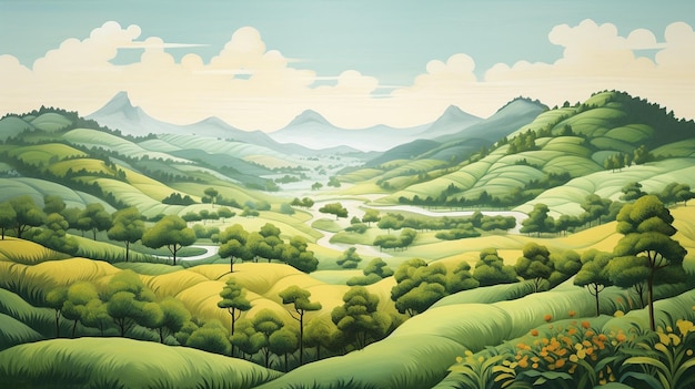 Whimsical FlatStyle Drawing of a Serene Valley Landscape