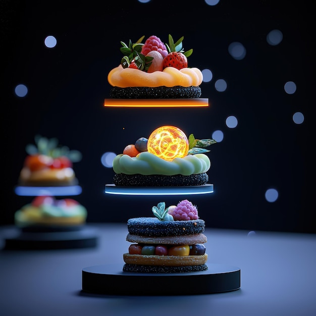 Photo whimsical floating desserts with vibrant colors and fruits illuminated in a dark setting perfect for