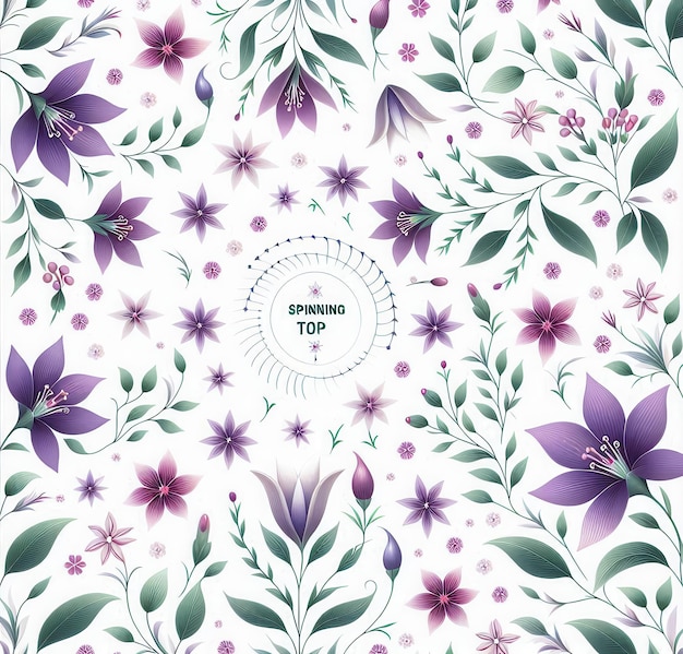 A whimsical floral pattern with a spinning top design in the center floral pattern whimsical