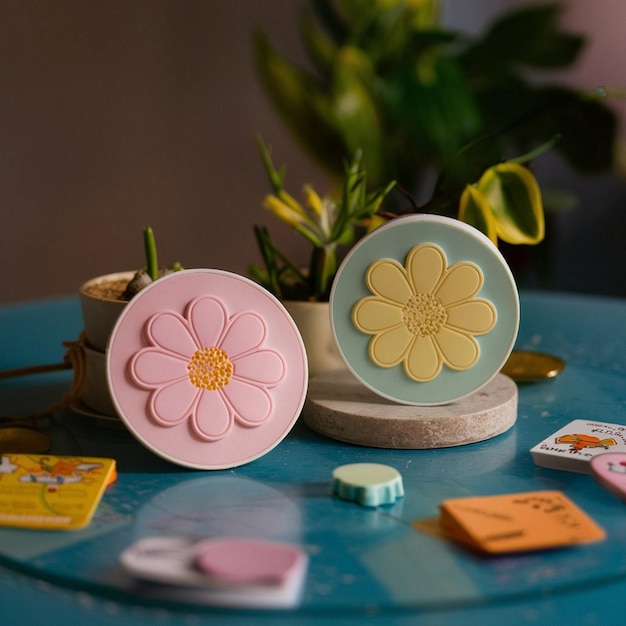 Photo whimsical flowerthemed round stickers in soft hues