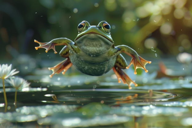 Whimsical flying frog laughing capturing unexpected nature moments with realistic detail