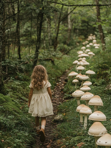 Photo whimsical forest adventure child walking among enchanted mushrooms