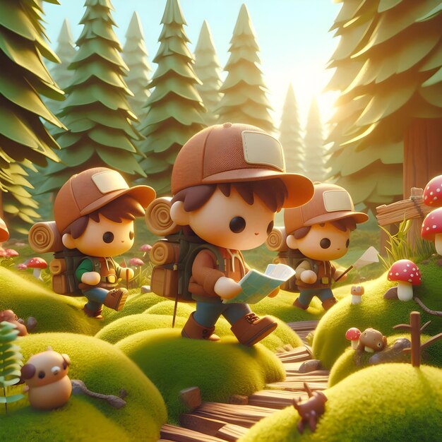 Photo in a whimsical forest clearing 3d cutestyle adventurers embark on a thruhiking journey their tin