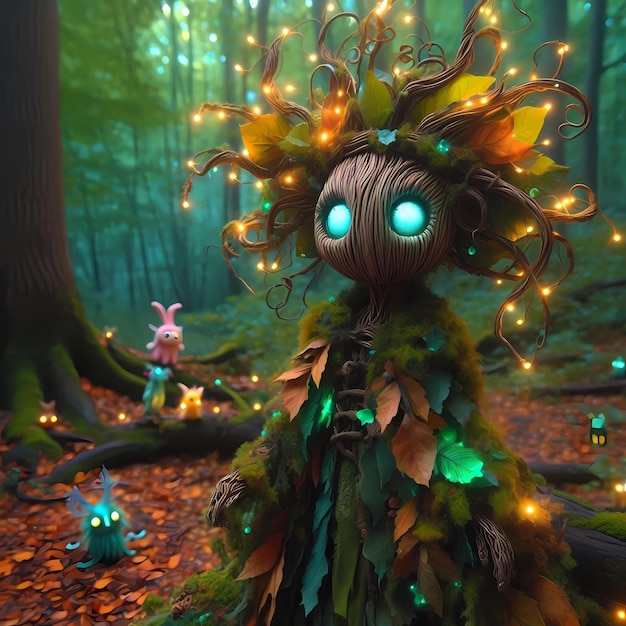 Whimsical forest guardian with bioluminescent vines for hair wearing a cloak of leaves and moss