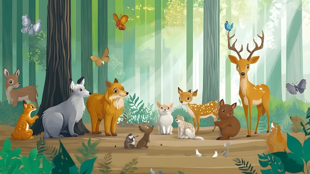 Photo a whimsical forest scene with talking animals childrens book style