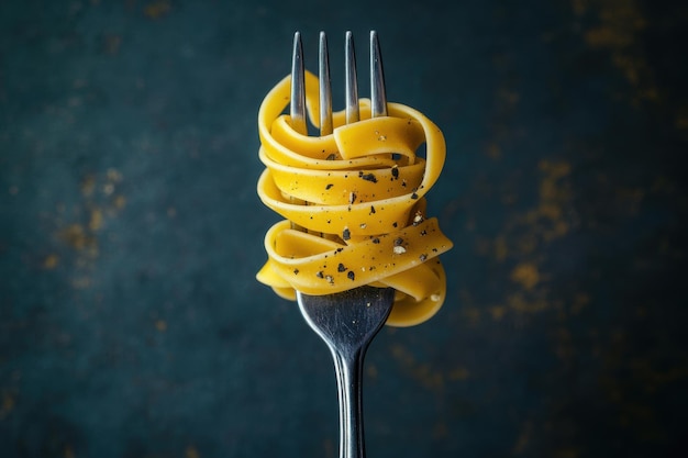 Photo a whimsical fork twirling golden fettuccine with black pepper against a dark background