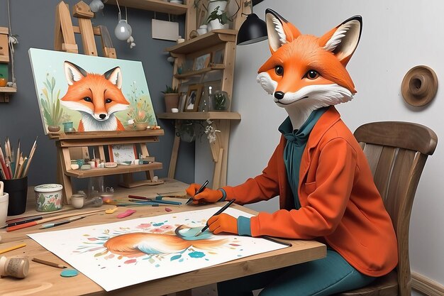 Photo whimsical fox artist in studio