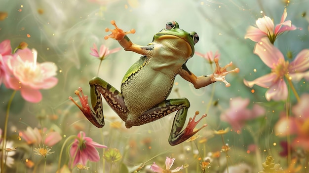 A whimsical frog in a dance pose with pastel flowers creating a playful springtime scene