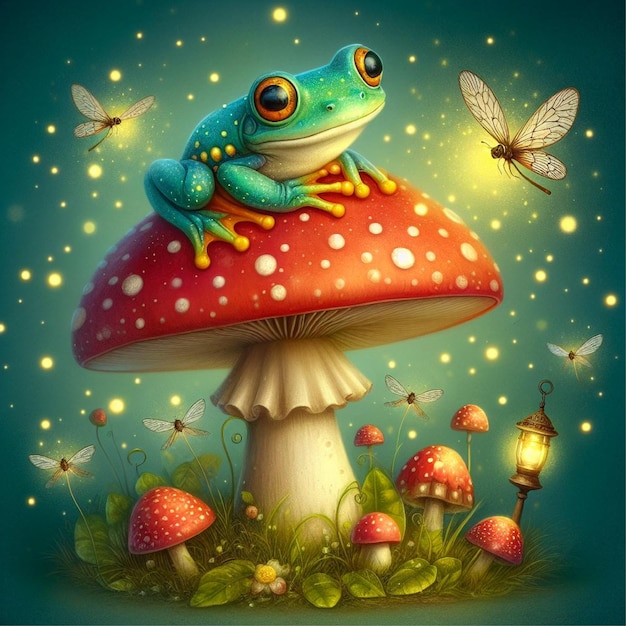 whimsical frog perched on a vibrant toadstool surrounded by twinkling fireflies