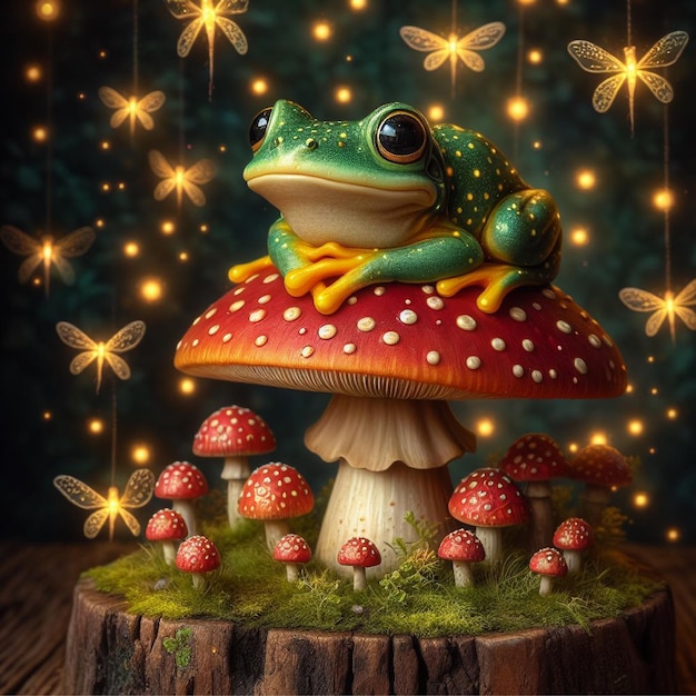 whimsical frog perched on a vibrant toadstool surrounded by twinkling fireflies