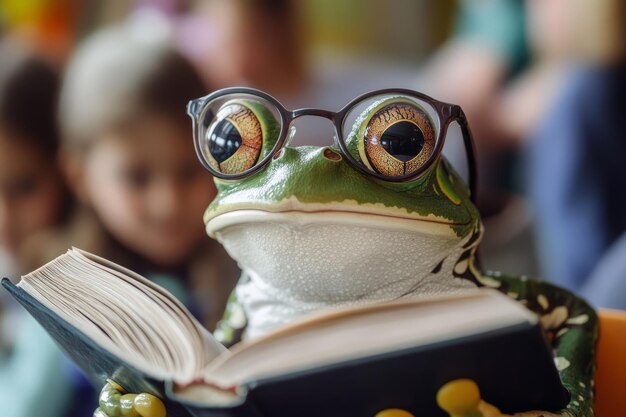 Photo whimsical frog reading a book