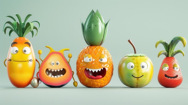 Photo whimsical fruit friends colorful and playful fruit characters in a high detailed cartoon style concept